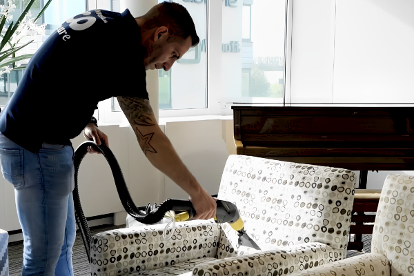 Een professionele medewerker van Composil is bezig met het reinigen van een stoffen meubelstuk met behulp van een sproei-extractiemachine